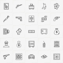 Criminal line icon set with police car , portable radio  and justice