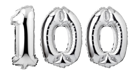 Number 100 of silver balloons isolated on a white background