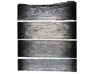 Old drak wood planks isolated on white background. each one is shot separately for text or design.