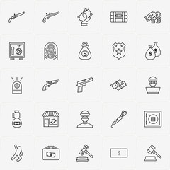 Criminal line icon set with broken window , knife criminal  and siren