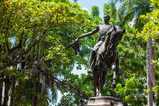 Simon Bolivar statue located at the Bolivar park in the walled city in Cartagena de Indias