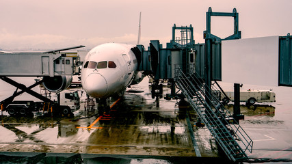 Airplane preparation and refueling for departure in rainy day at international airport