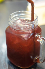 Picture of delicious grape juice in ice cold restaurant.