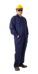 Full body portrait of a worker in Mechanic Jumpsuit isolated on white background