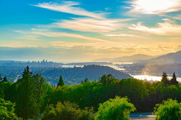 Burnaby Mountain at sunset overlooking Vancouver Harbour in BC, Canada