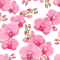 Wallpaper murals Orchidee Seamless floral pattern with bright pink purple orchid phalaenopsis on white background. Exotic tropical flowers. Vector design illustration for fashion, fabric, textile, decoration.