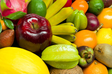 Exotic tropical fruits heap, healthy food, diet nutrition, selective focus 