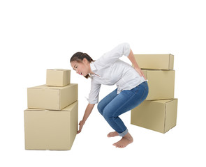 woman suffering from backache while moving boxes isolated on white background