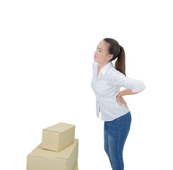 woman suffering from backache while moving boxes isolated on white background