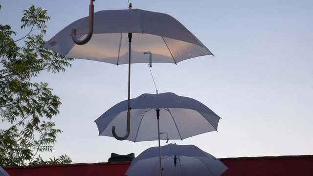 Umbrellas hanging in the sky being moved by the air