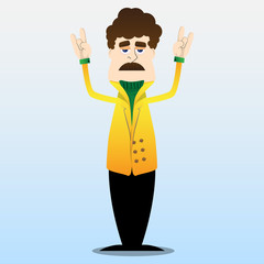 Funny cartoon man dressed for winter with hands in rocker pose. Vector illustration.
