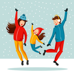 Family fun jumping in the winter holidays. Mom, dad and daughter vector illustration in cartoon style