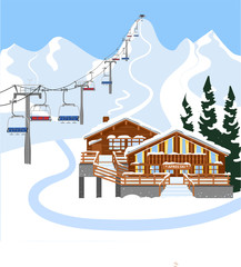 Ski resort vacation with ski lift. Winter outdoor holiday activity sport in alps, landscape with mountain view and forest. Alpine village chalet. Flat style