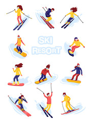Fototapeta na wymiar Vector skiers and snowboarders cartoon flat style. Men and women in the ski resort. Winter sport activity. Simple characters. Isolated on white background
