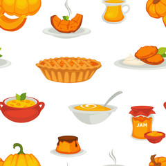 Delicious pumpkin dishes for main course and dessert seamless pattern.