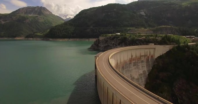 Aerial view of the Chevril Dam on the Is&radic;&reg;re in the municipality of Tignes in the Rh&radic;&part;nes-Alpes region in south-eastern France