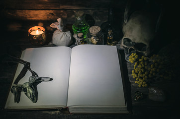 Open book of magic with blank pages on magician table background. The spell book.