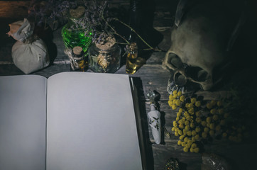 Open book of magic with blank pages on magician table background. The spell book.