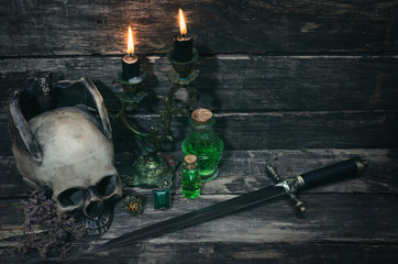 Magic table background. Witchcraft concept.