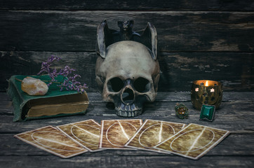 Tarot cards on fortune teller table background. Futune reading concept. Divination.