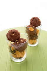Chocolate ice cream in glasses on table background
