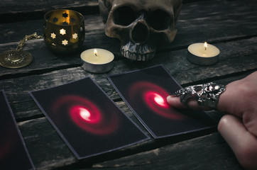 Tarot cards on fortune teller desk table background. Futune reading concept. Divination.