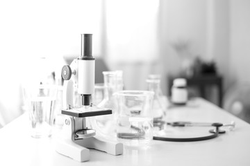 Science microscope laboratory chemical test tube lab glassware equipment. Research and development concept.