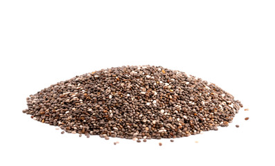 Pile of Organic Raw Chia Seeds on a White Background