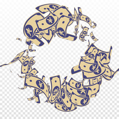 Chinese yuan notes falling. Messy CNY bills on tra