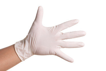 Doctor hand in white latex sterile gloves isolated on white