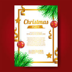 Christmas party poster template with illustration of ball decoration with swirl ribbon,