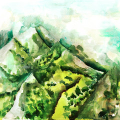 A watercolour landscape painting, a morning view over mountains in teal blue and green