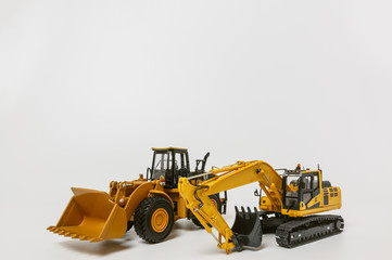 Excavator and Wheel loader model on white background