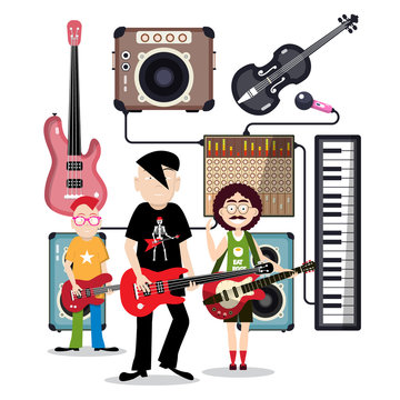 Music Band in Recording Studio with Instruments Vector Illustration