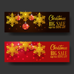 Sale off template for Christmas event with illustration of golden snowflake decoration