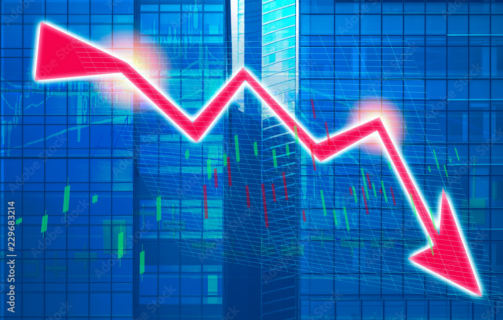 Poster stock index graph and chart in modern building background (red bear chart)