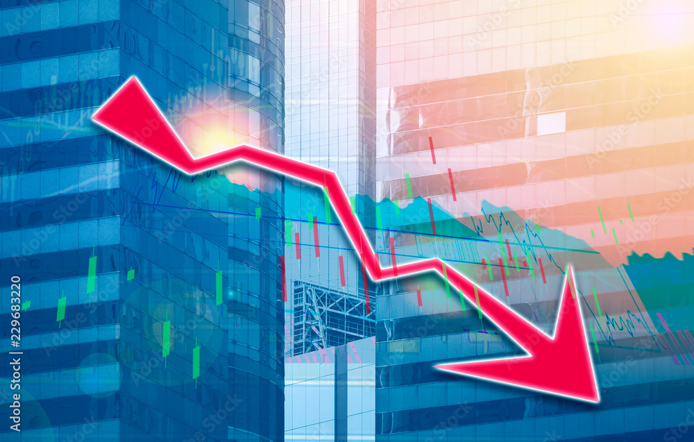 Poster stock index graph and chart in modern building background (red bear chart)