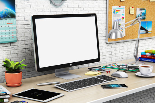 Desktop computer with blank screen in modern workspace