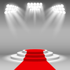 Fototapeta premium Stage podium illuminated scene spotlight party, award ceremony with red carpet. Vector Illustration