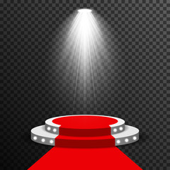 Stage podium illuminated scene spotlight party, award ceremony with red carpet. Vector transparent