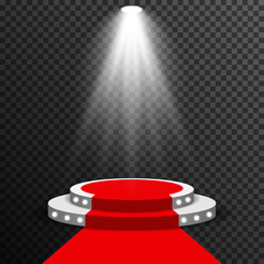 Fototapeta premium Stage podium illuminated scene spotlight party, award ceremony with red carpet. Vector transparent