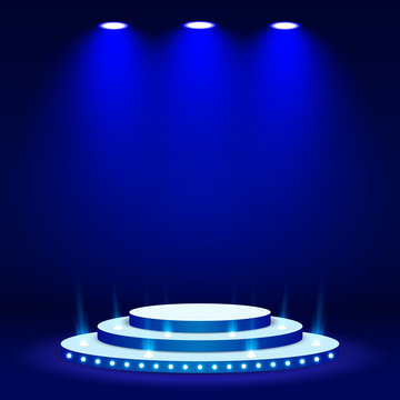 Blue Stage podium spotlight illuminated scene. Vector Illustration