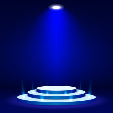 Blue Stage podium spotlight illuminated scene. Vector Illustration