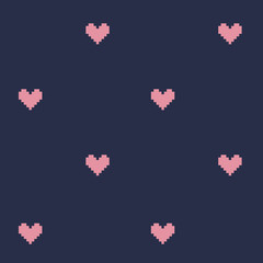 Pink pixel hearts on dark blue background, seamless pattern