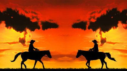 silhouette Cowboy riding a horse on sunrise