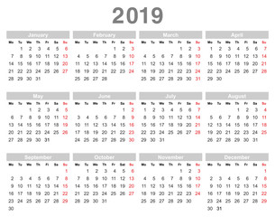 2019 year annual calendar (Monday first, English)