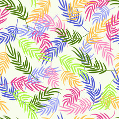 Seamless pattern in abstract colorful leaves of palm. Floral exotic background for textile, wallpaper, covers, surface, print, wrap, scrapbooking, decoupage.