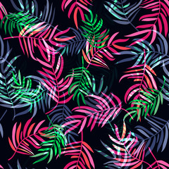 Seamless pattern in abstract colorful leaves of palm. Floral exotic background for textile, wallpaper, covers, surface, print, wrap, scrapbooking, decoupage.