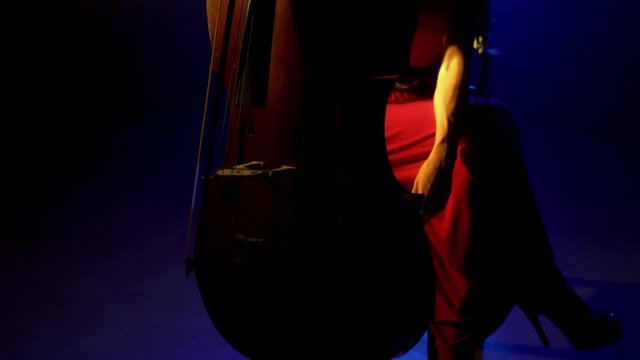 The cellist performs on stage.