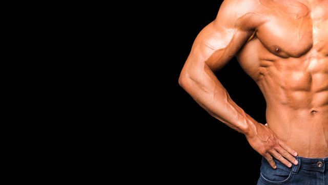 Portrait of sporty strong muscle. Sport workout bodybuilding motivation concept. Sexy naked torso, six pack abs. Male flexing his muscles